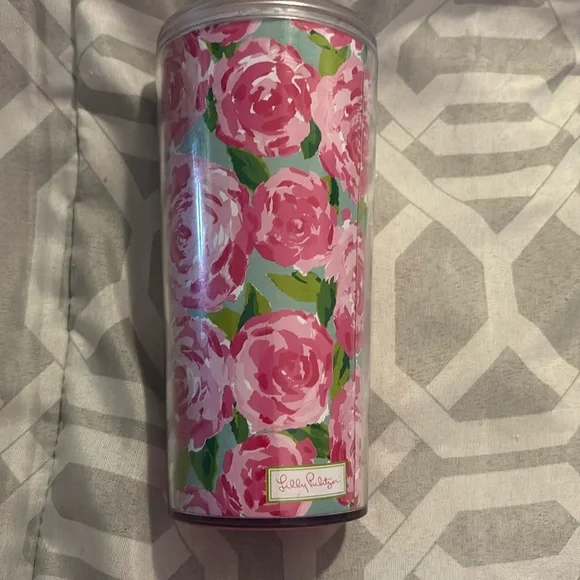 Lilly Pulitzer Pink & Green Floral Pattern Tumbler Cup 16oz - Picture 1 of 3
